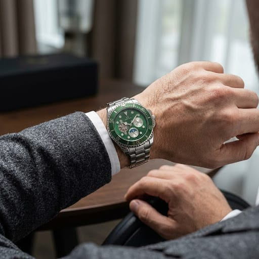 DYTONA MODEL GÜMÜŞ RENK KORDON YEŞİL KADRAN PİLLİ ERKEK KOL SAATİ