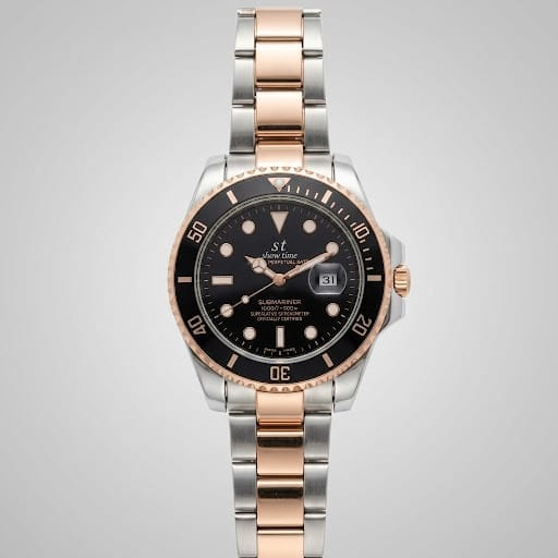 SUBMARİN MODEL ÇİFT RENK (GÜMÜŞ-ROZE) KORDON SİYAH KADRAN ERKEK PİLLİ KOL SAATİ