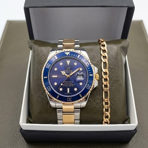 SUBMARİN MODEL ÇİFT RENK (GÜMÜŞ-ROZE) KORDON MAVİ KADRAN ERKEK PİLLİ KOL SAATİ